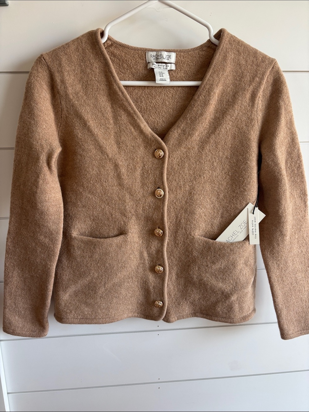 Rachel Zoe Camel Cardigan 100% Fine Merino Wool